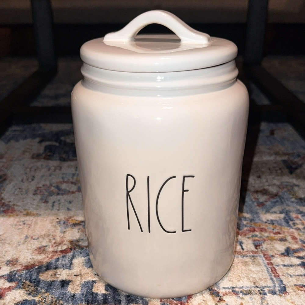 Rae Dunn ceramic white fat large tall canister jar container ‘RICE’ w/lid